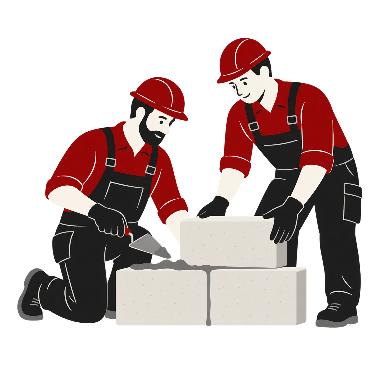Illustration: Zwei Bauhandwerker arbeiten gemeinsam am Mauerwerk