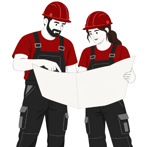 Illustration: Zwei Bauhandwerker besprechen gemeinsam einen Bauplan
